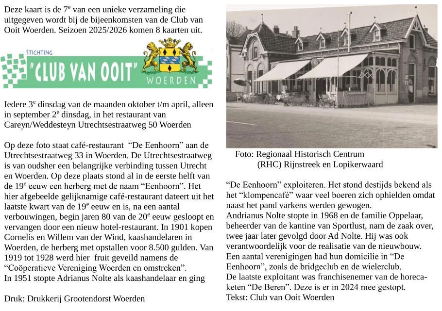 Zijde A voor de kaart van Café-restaurant “De Eenhoorn”